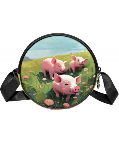 Round Crossbody Wallet, Circle Crossbody Purse Handbag, cute animal pig cartoon $8.78 Crossbody Bags