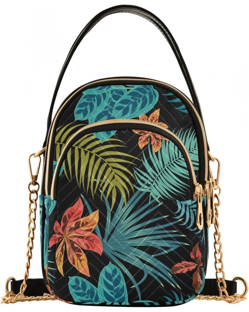 Women Crossbody Handbag Tropical Jungle Palm Leaves Pattern Black Quilted Chain Bag $11.96 Crossbody Bags