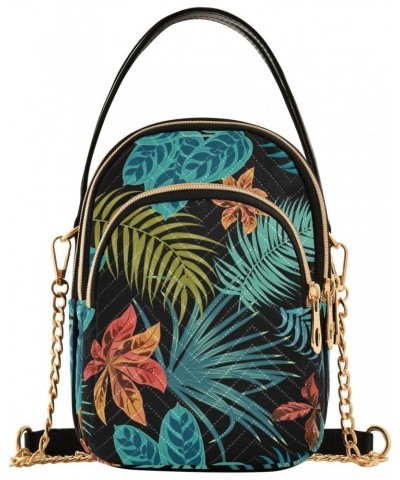 Women Crossbody Handbag Tropical Jungle Palm Leaves Pattern Black Quilted Chain Bag $11.96 Crossbody Bags