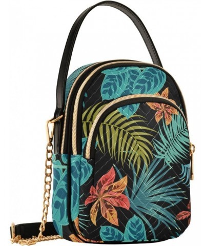 Women Crossbody Handbag Tropical Jungle Palm Leaves Pattern Black Quilted Chain Bag $11.96 Crossbody Bags