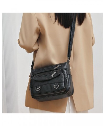 Heart Decor Crossbody Bag, Vintage Multi Pockets Shoulder Bag, Women's Purse Black $10.20 Shoulder Bags