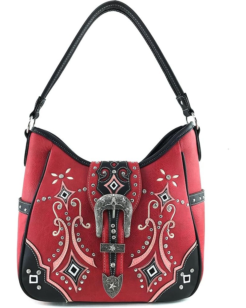 Western Floral Embroidery Studs Bling Rhinestone Buckle Shoulder Concealed Carry Handbag Purse Red Tote $34.29 Shoulder Bags