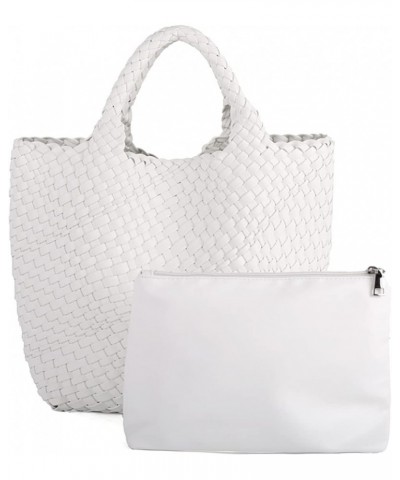 Woven Beach Tote Bag, Women Macaron Soft Leather Weave Handbag with Purse Top-handle Handbag for Work Travel White $20.63 Totes