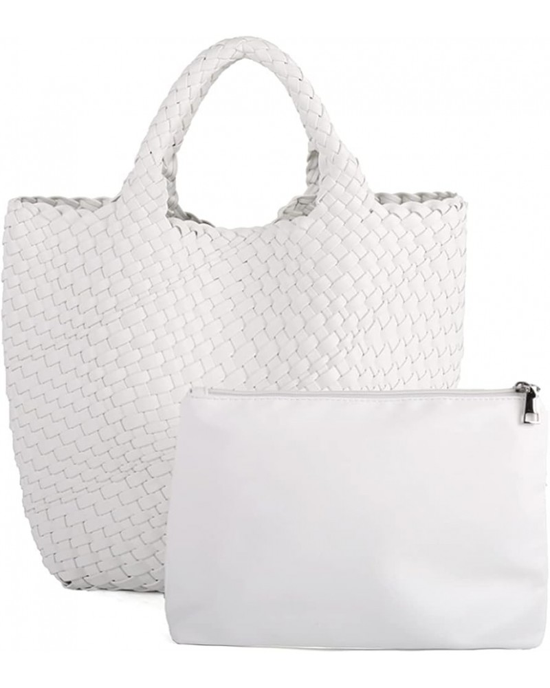 Woven Beach Tote Bag, Women Macaron Soft Leather Weave Handbag with Purse Top-handle Handbag for Work Travel White $20.63 Totes