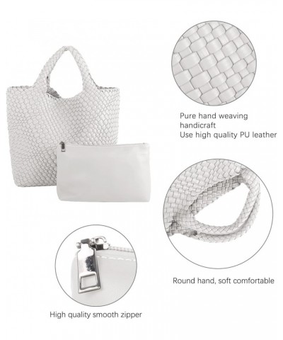 Woven Beach Tote Bag, Women Macaron Soft Leather Weave Handbag with Purse Top-handle Handbag for Work Travel White $20.63 Totes