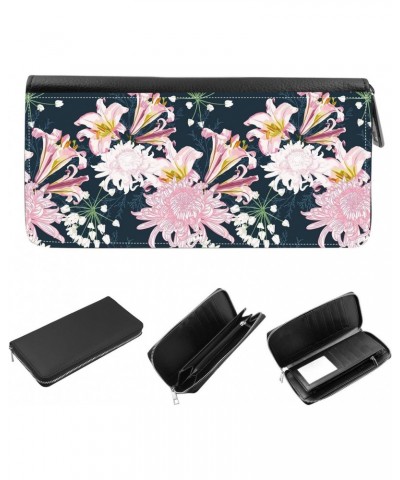 Women's Zip Around Wallet and Phone Clutch - RFID Blocking with Card Holder Organizer - Pink lily and chrysanthemum flowers o...