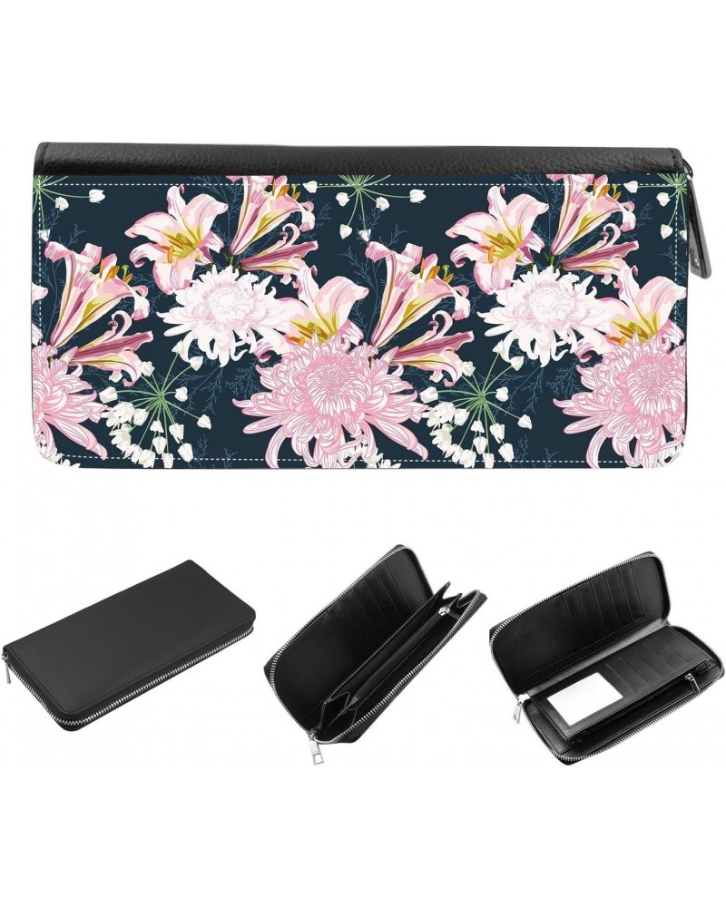 Women's Zip Around Wallet and Phone Clutch - RFID Blocking with Card Holder Organizer - Pink lily and chrysanthemum flowers o...