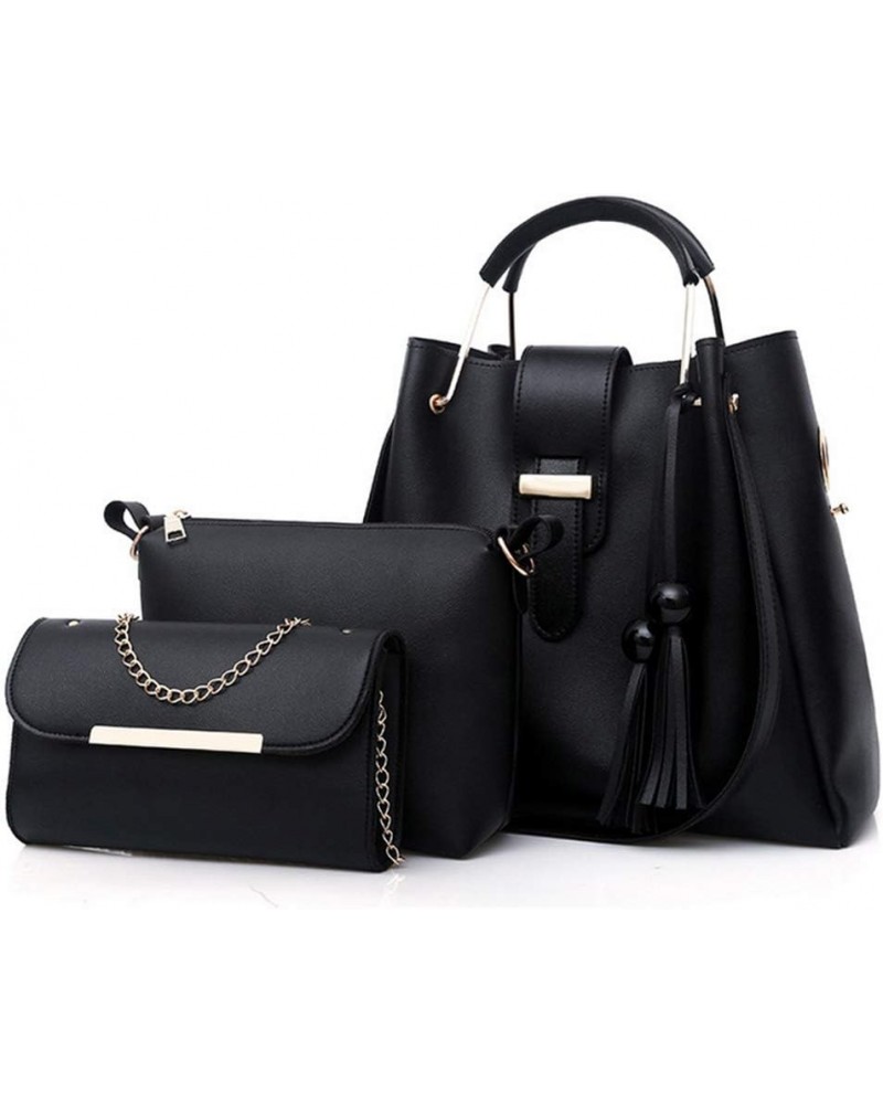 Women 3Pcs Set Bucket Bags PU Handbag Top Handle Shoulder Purse with Bead tassel Black $16.71 Satchels