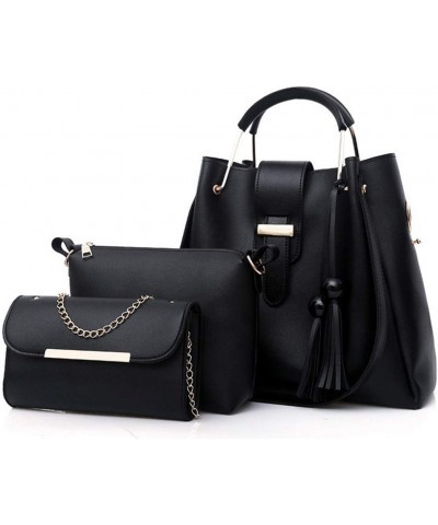 Women 3Pcs Set Bucket Bags PU Handbag Top Handle Shoulder Purse with Bead tassel Black $16.71 Satchels