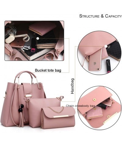 Women 3Pcs Set Bucket Bags PU Handbag Top Handle Shoulder Purse with Bead tassel Black $16.71 Satchels