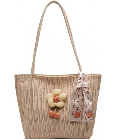 Versatile Flower One Shoulder Large Bag, Grass Woven Bag, Casual Tote Bag Off-white $24.32 Totes