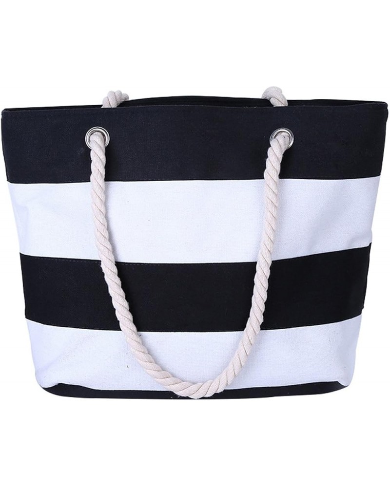 Canvas Tote Beach Bag With Zipper Top Handle Handbag Shoulder Bags Shopping Bag Black White $12.75 Shoulder Bags