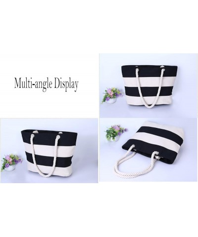 Canvas Tote Beach Bag With Zipper Top Handle Handbag Shoulder Bags Shopping Bag Black White $12.75 Shoulder Bags