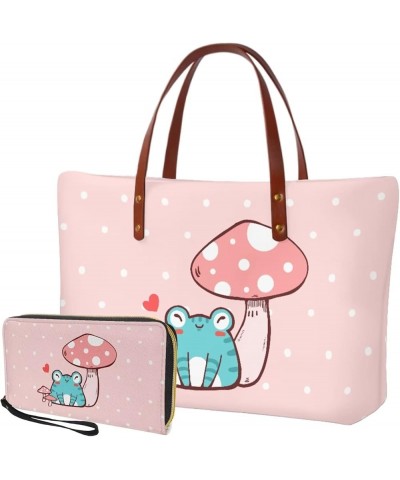 Women Mushroom Pattern Handbag and Purse Stylish Large Capacity Travel Tote Bags Pink Cartoon Mushroom Frog $18.45 Satchels