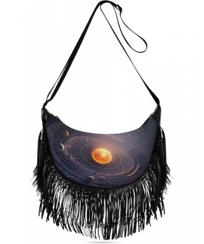 Solar-system Print Women Tassel Fringe Shoulder bag, Fringe Purse Crossbody, Women Tassel Hobo Bag with Zipper $18.28 Hobo Bags