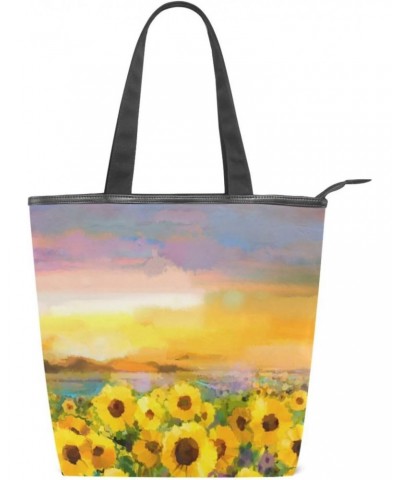 Tote Bag Yellow Sunflower Daisy Fields Sunset Canvas Zippered Tote Handbag for Women with 2 Interior Pockets $11.50 Totes