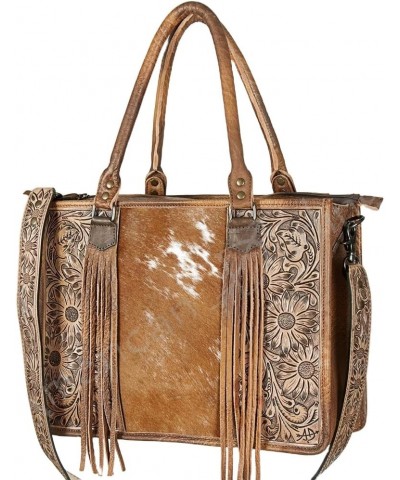 Tote ADBG230TAW Hand Carved Leather and genuine Cow Hide Tan and White $85.50 Totes