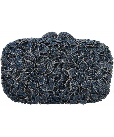 Double Flowers Women Crystal Clutch Evening Bags Wedding Party Rhinestones Handbags and Purses Navy Blue $39.13 Evening Bags