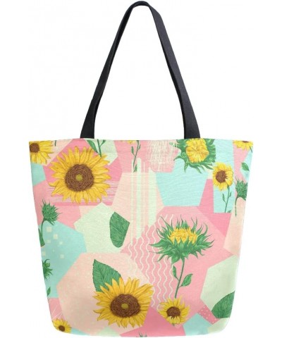 Sunflower Flower Floral Pink Blue Mosaic Large Canvas Tote Bag Shopping Shoulder Handbag with Small Zippered Pocket $12.75 Totes