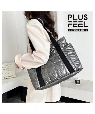 Puffer Tote Bag for Women Quilted Shoulder Bag Large Down Cotton Soft Padded Handbag Gray $13.20 Totes