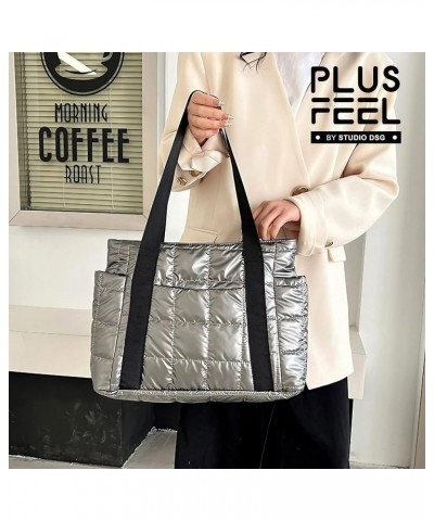 Puffer Tote Bag for Women Quilted Shoulder Bag Large Down Cotton Soft Padded Handbag Gray $13.20 Totes