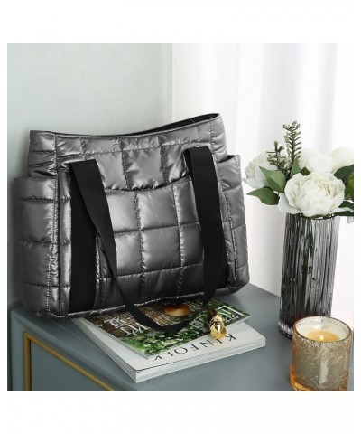 Puffer Tote Bag for Women Quilted Shoulder Bag Large Down Cotton Soft Padded Handbag Gray $13.20 Totes