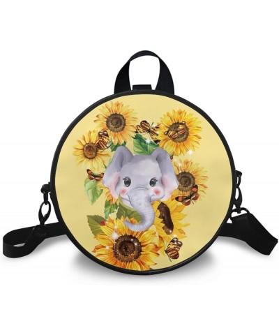 Women's PU Round Clock Shape Tote Handbag Shoulder Bag, Elegant Portable Multi-Function Bag Purse Tote Bag Elephant With Sunf...