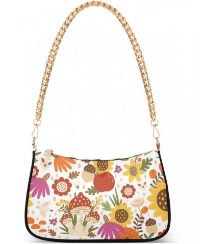 Women Chain Shoulder Purse Bag With Zipper Sunflower Floral Pattern Print, Mushroom Flowers Hobo Tote Clutch Handbags with Ch...