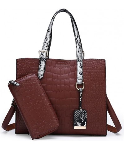 Women Vintage 2pcs Handbag and Purse PU Crocodile Pattern Tote Shoulder Bag Clutch Wallet Dark Brown $23.09 Totes