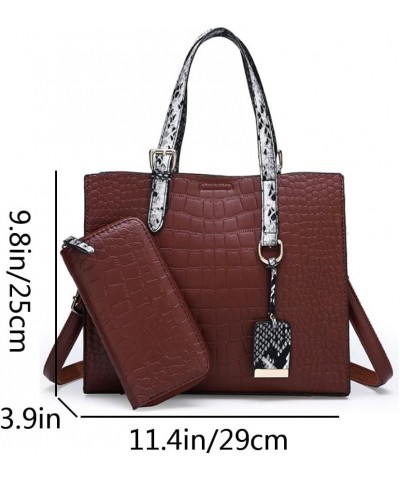 Women Vintage 2pcs Handbag and Purse PU Crocodile Pattern Tote Shoulder Bag Clutch Wallet Dark Brown $23.09 Totes