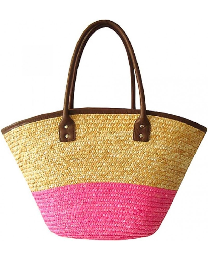 STRAW TOTE: WOVEN WHEAT 2-TONE W/PU LEATHER HANDLES - BG-R11050 Pink $10.64 Handbags