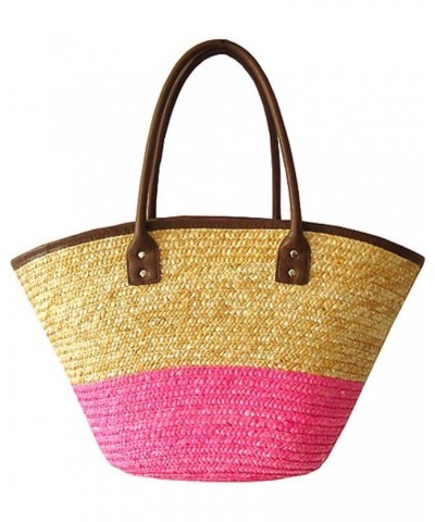 STRAW TOTE: WOVEN WHEAT 2-TONE W/PU LEATHER HANDLES - BG-R11050 Pink $10.64 Handbags