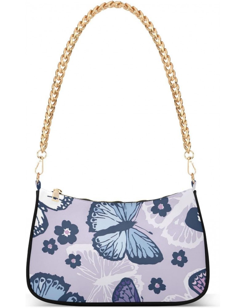 Flying Blue Purple Butterfly Shoulder Bag for Women Chain Handbags with Zipper Womens Tote Chain Bag $16.19 Shoulder Bags