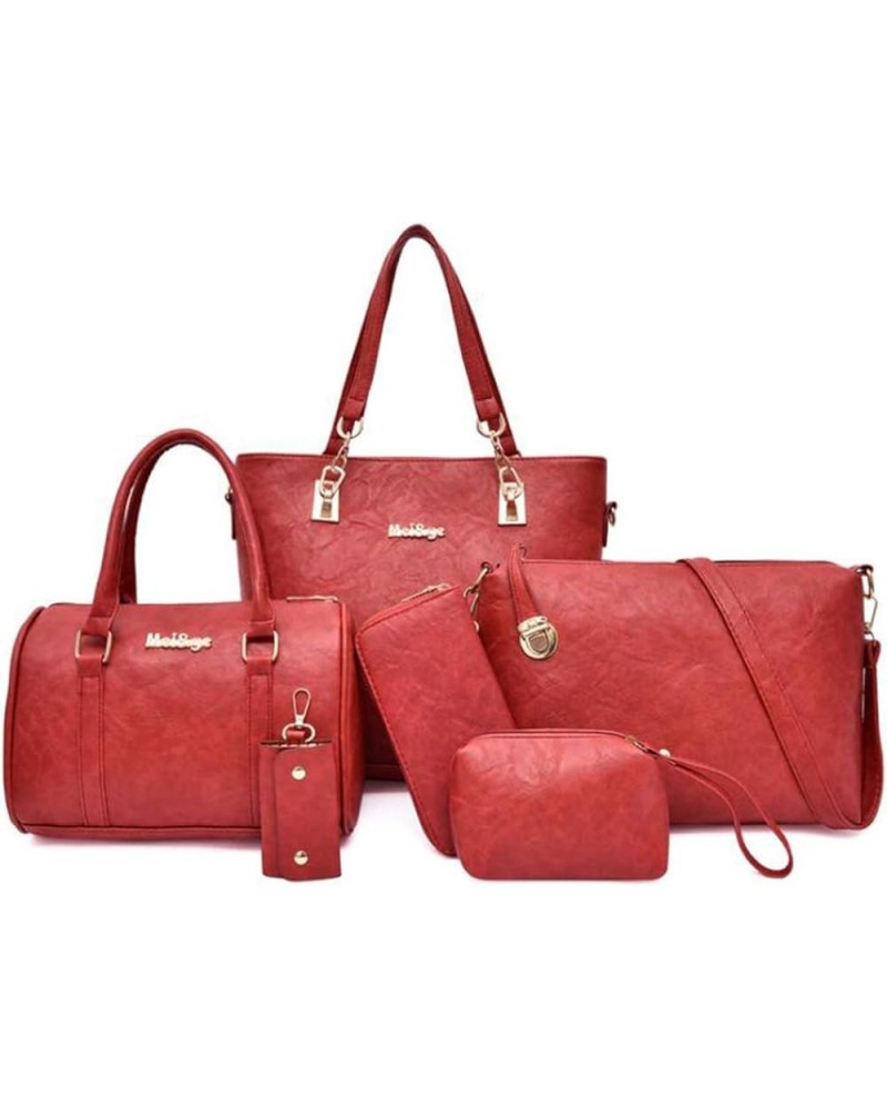 Synthetic PU Leather Tote for Women Satchel Crossbody Hobo 6pcs Handbags Shoulder Wallet Card Nail Clipper Bag-Pink Red $33.8...