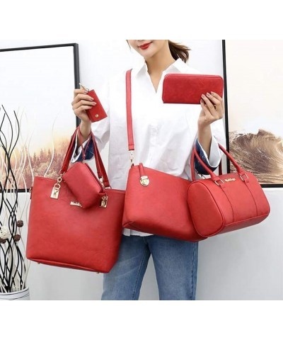 Synthetic PU Leather Tote for Women Satchel Crossbody Hobo 6pcs Handbags Shoulder Wallet Card Nail Clipper Bag-Pink Red $33.8...