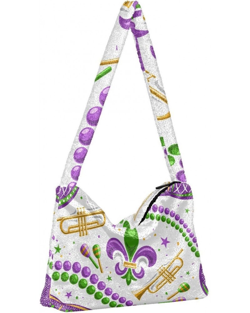 Mardi Gras Women Boho Handbag Fleur De Lis Beads Stars Masquerade Underarm Bag Tote Bag Shoulder Bag Crossbody Bag Fluffy Cel...