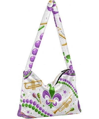 Mardi Gras Women Boho Handbag Fleur De Lis Beads Stars Masquerade Underarm Bag Tote Bag Shoulder Bag Crossbody Bag Fluffy Cel...