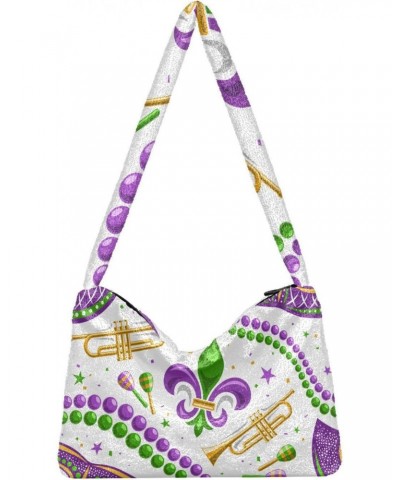 Mardi Gras Women Boho Handbag Fleur De Lis Beads Stars Masquerade Underarm Bag Tote Bag Shoulder Bag Crossbody Bag Fluffy Cel...