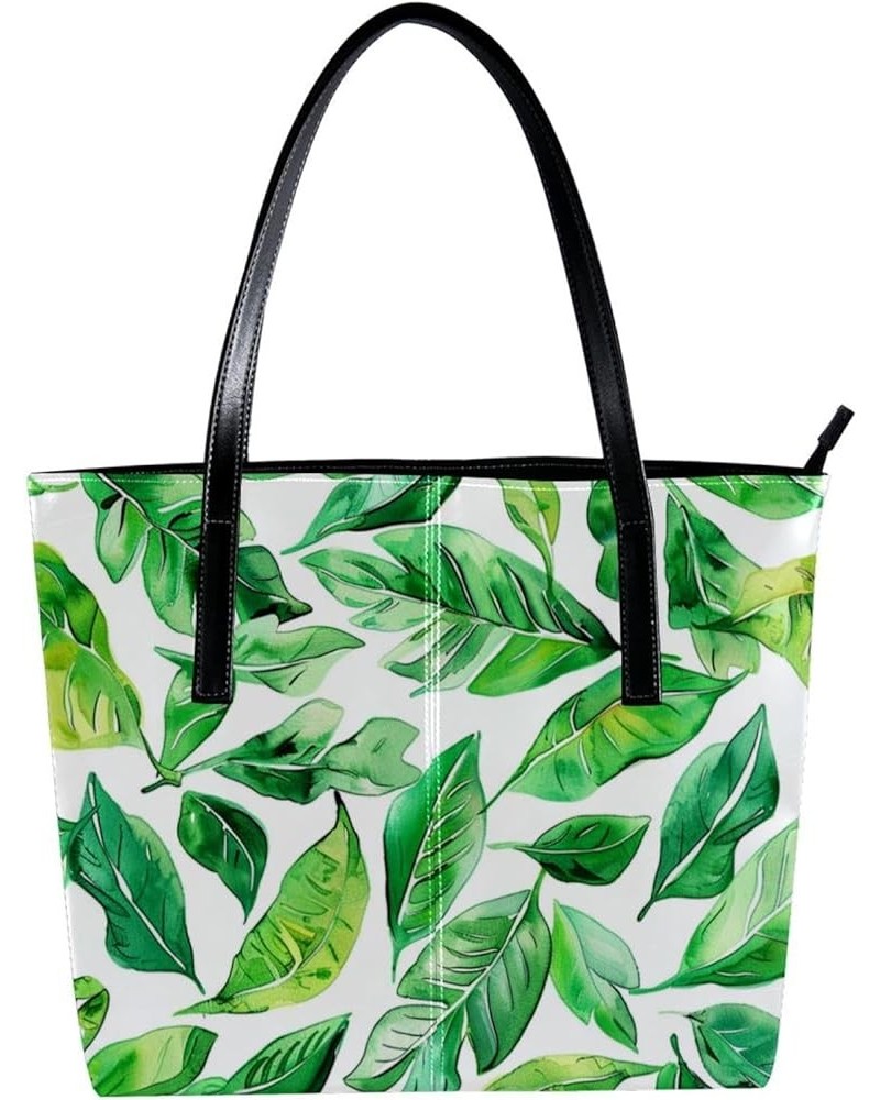 Tote Bag, Vegan Leather Large Tote Bag, Tote Bag with Zipper, Modern Cartoon Tropical Banana Leaves Green, Womens Tote Bag Pa...