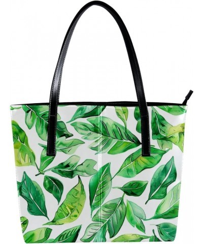 Tote Bag, Vegan Leather Large Tote Bag, Tote Bag with Zipper, Modern Cartoon Tropical Banana Leaves Green, Womens Tote Bag Pa...