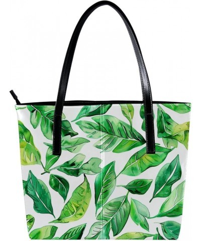 Tote Bag, Vegan Leather Large Tote Bag, Tote Bag with Zipper, Modern Cartoon Tropical Banana Leaves Green, Womens Tote Bag Pa...