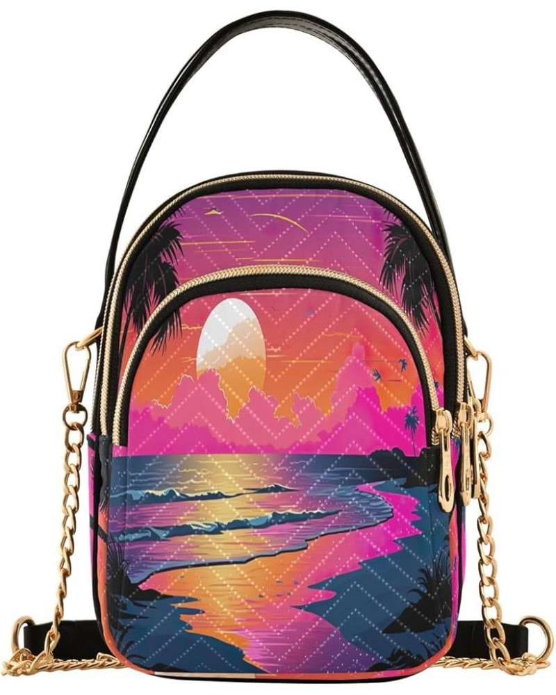 Tropical Beach Sunset with Vegetation Womens Crossbody Shoulder Bag, Three Zipper Crossbody Bags for Women Sunset at the Beac...