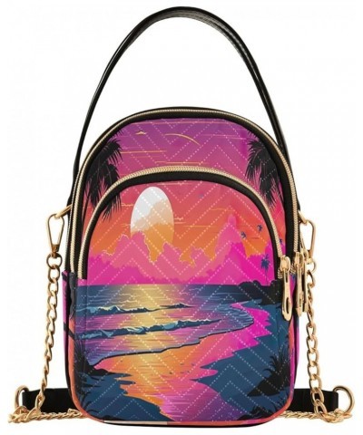 Tropical Beach Sunset with Vegetation Womens Crossbody Shoulder Bag, Three Zipper Crossbody Bags for Women Sunset at the Beac...