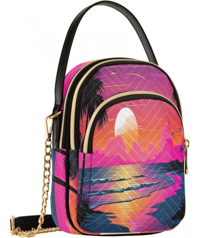 Tropical Beach Sunset with Vegetation Womens Crossbody Shoulder Bag, Three Zipper Crossbody Bags for Women Sunset at the Beac...