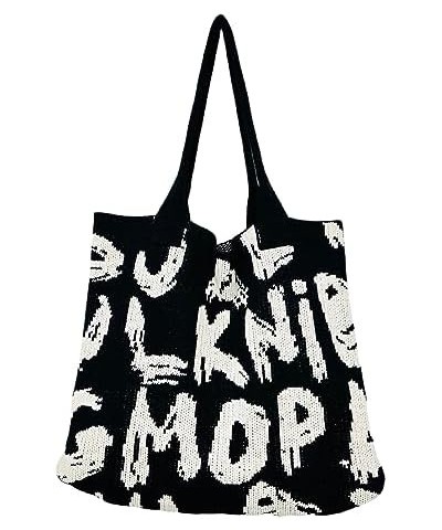 Women's Crochet Letter Printing Tote Bag Boho Tote Bag Beach Handbag Knit Hobo Bag Shoulder Bag Black $10.79 Totes