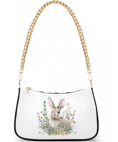 Watercolor Bunny in Floral Bouquet Clutch Shoulder Bag for Women, Hobo Tote Handbag with Gold Chain, Crossbody Bag with Zippe...