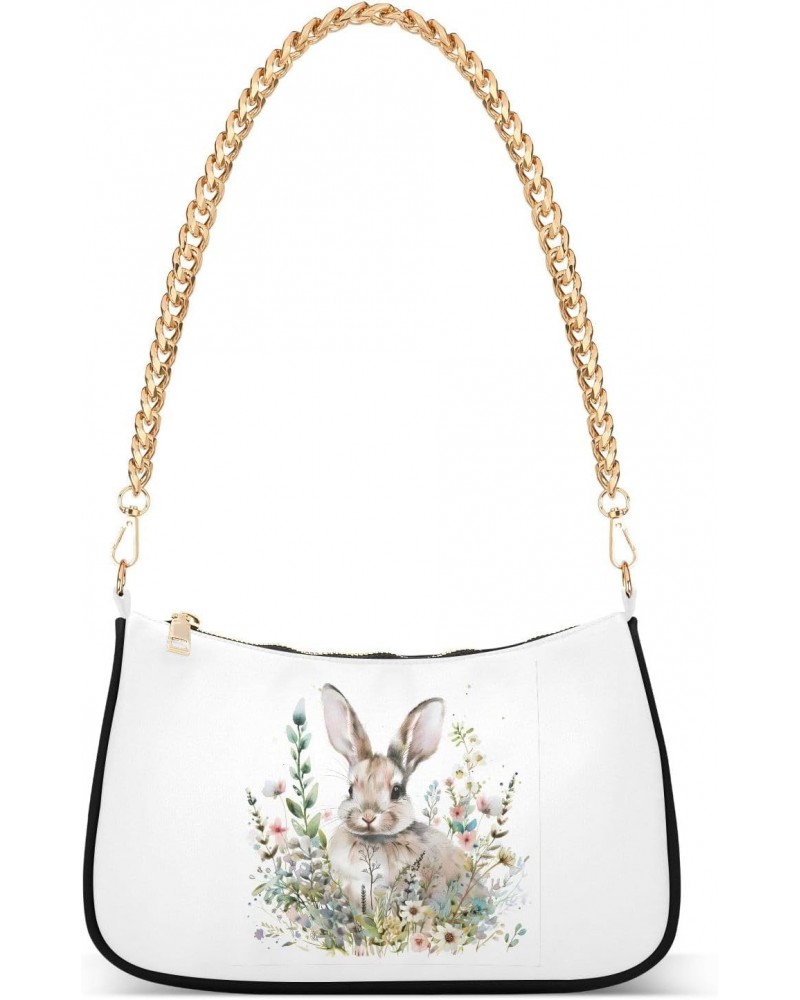 Watercolor Bunny in Floral Bouquet Clutch Shoulder Bag for Women, Hobo Tote Handbag with Gold Chain, Crossbody Bag with Zippe...