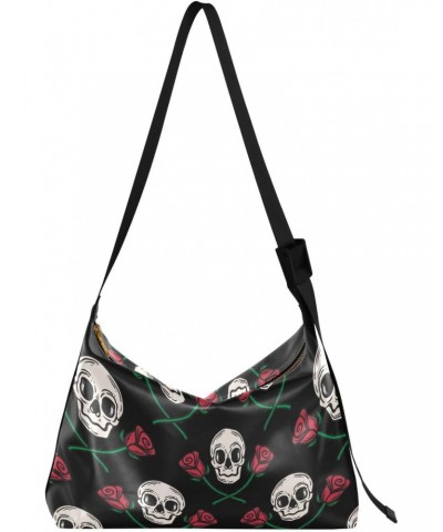 Skull Rose Flowers Hobo Crossbody Bags for Women Leather Large Shoulder Bag Cross Body Vintage Trendy Womens Tote Bags Handba...