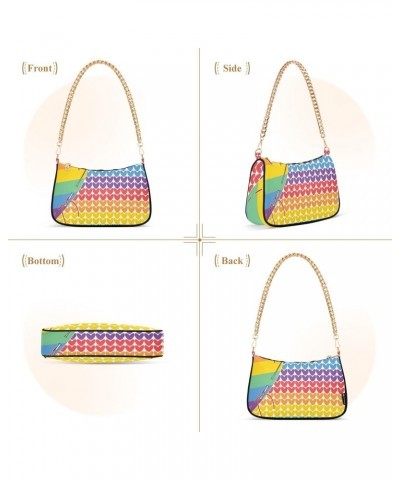 Women Chain Shoulder Purse Bag With Zipper Rainbow Embroidery Print, Heart Needle Knitted Hobo Tote Clutch Handbags with Chai...