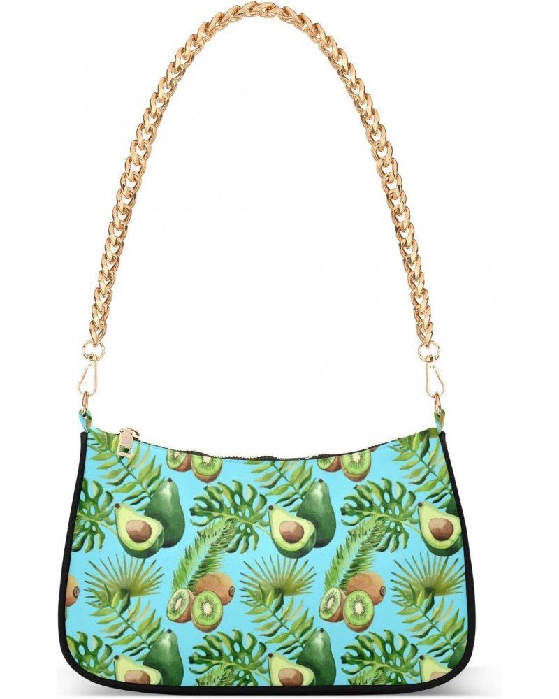 Women Chain Shoulder Purse Bag With Zipper Kiwi Avocado Watercolor Print, Tropical Hawaii Palm Tree Hobo Tote Clutch Handbags...